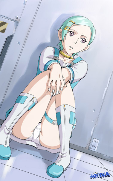 moriya naoki, eureka (eureka seven), eureka seven, eureka seven (series), wall, long image, tall image, 00s, 1girl, against wall, artist name, black eyes, boots, choker, collarbone, dress, dutch angle, expressionless, female focus, fingernails, floor, green eyes, green hair, hair ornament, hairclip, halterneck, hands on own knees, indoors, knee boots, kneehighs, knees together feet apart, legs, long sleeves, looking at viewer, matching hair/eyes, on floor, own hands together, panties, pantyshot, parted lips, shadow, shiny skin, shirt, short dress, short hair, sitting, socks, solo, swept bangs, thigh gap, thigh strap, thighs, tile floor, tiles, underwear, upskirt, v arms, watermark, white boots, white panties