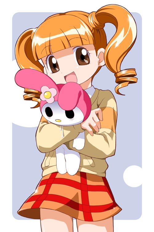 my melody, yumeno uta, onegai my melody, sanrio, 00s, 1girl, bags under eyes, brown eyes, brown hair, doll, female focus, plaid clothes, plaid skirt, school uniform, skirt, solo, twintails