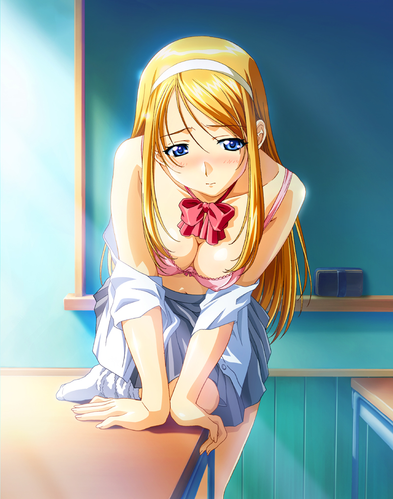 taki minashika, tashiro miki, lovers (game), 1girl, artistic error, bad anatomy, bad proportions, blonde hair, blue eyes, blush, board eraser, bow, bra, breasts, chalkboard, classroom, cleavage, covered erect nipples, desk, female focus, hairband, indoors, lingerie, long hair, medium breasts, open clothes, open shirt, pleated skirt, poorly drawn, school, school desk, school uniform, serafuku, shirt, skirt, socks, solo, underwear
