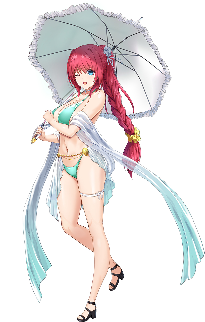 onigirikun, escalayer, choukou (alicesoft), choukou taisen escalation heroines, choukou tenshi escalayer, highres, official art, 1girl, ;d, bikini, braid, braided ponytail, breasts, cleavage, full body, gladiator sandals, green bikini, holding, holding umbrella, large breasts, leg up, official alternate costume, one eye closed, open mouth, red hair, sandals, smile, solo, swimsuit, tachi-e, umbrella