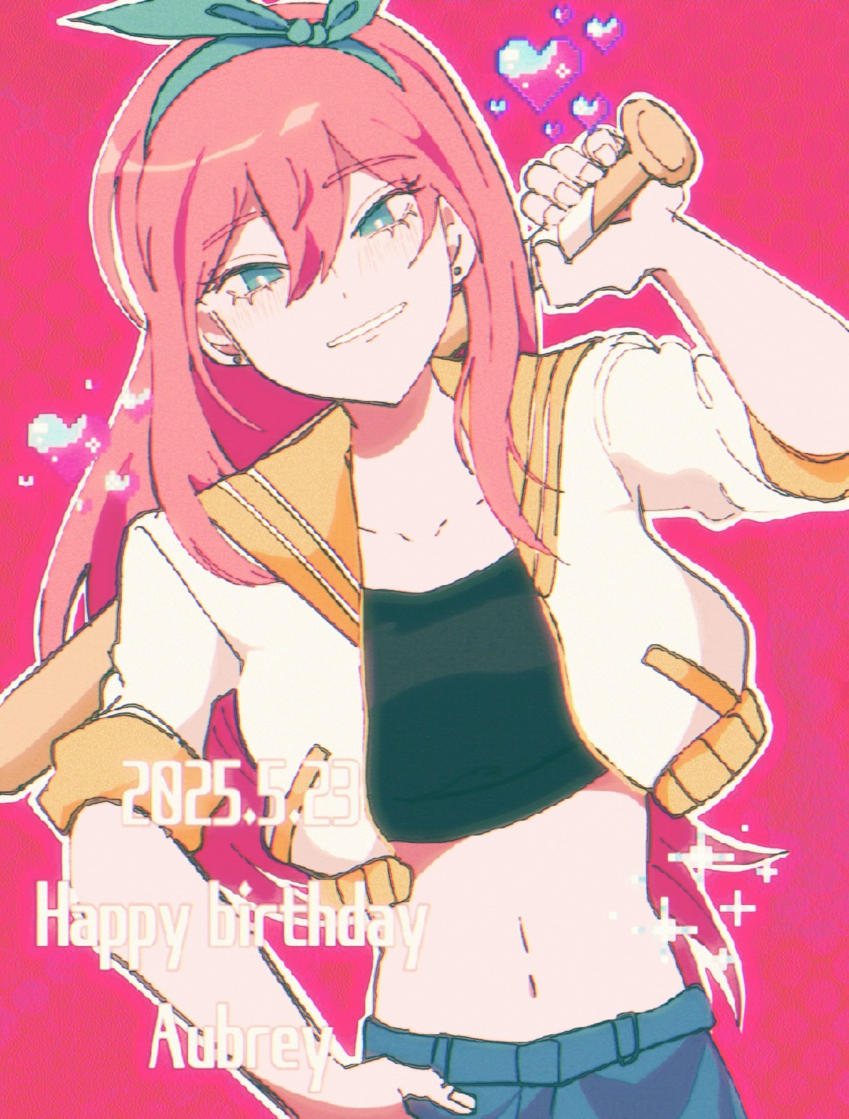 harumiya ut, aubrey (faraway) (omori), aubrey (omori), omori, aliasing, highres, 1girl, baseball bat, blue eyes, blue hairband, blue skirt, character name, collarbone, crop top, cropped jacket, dated, denim, denim skirt, double-parted bangs, ear piercing, hairband, hand on own hip, happy birthday, heart, holding, holding baseball bat, jacket, long hair, looking at viewer, navel, parted lips, piercing, pink background, pink hair, short sleeves, simple background, skirt, smile, solo, white jacket