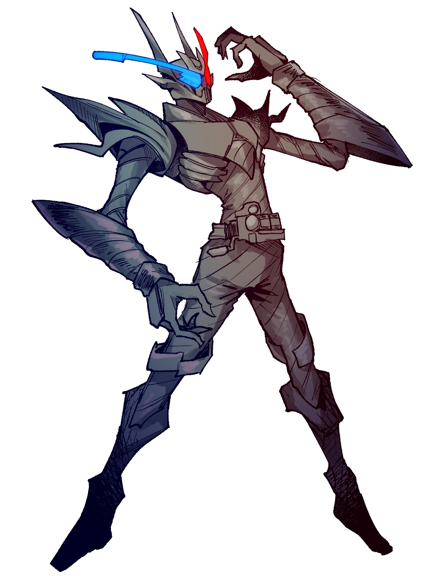 toriyarou, kamen rider build, kamen rider, kamen rider build (series), highres, 1boy, armor, black armor, black bodysuit, blue eyes, bodysuit, build driver, compound eyes, fullbottle, glowing, glowing eyes, hazard, hazard trigger, heterochromia, kamen rider build (rabbittank hazard form), looking at viewer, male focus, rabbit fullbottle, red eyes, rider belt, science fiction, shoulder armor, solo, tank fullbottle, tokusatsu