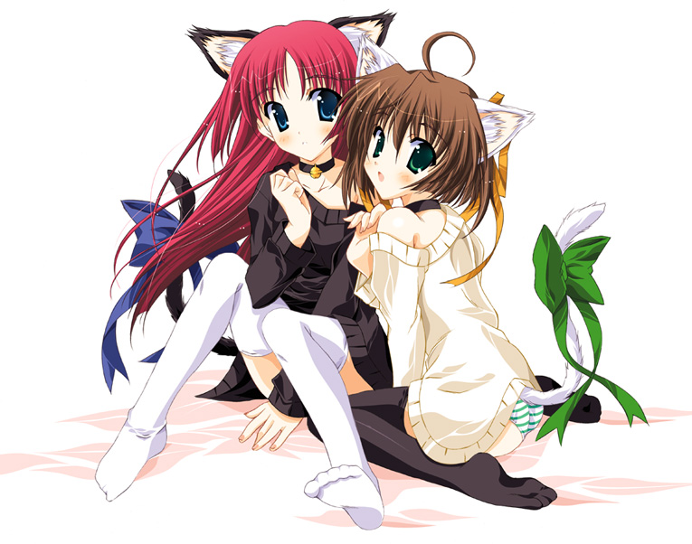asakura nemu, shirakawa kotori, da capo, black legwear, striped, white legwear, 2girls, ahoge, animal ears, bell, blue eyes, bottomless, bow, brown hair, cat ears, cat tail, choker, feet, green eyes, green panties, jingle bell, multiple girls, no pants, panties, red hair, ribbon, striped panties, tail, thighhighs, underwear, zettai ryouiki
