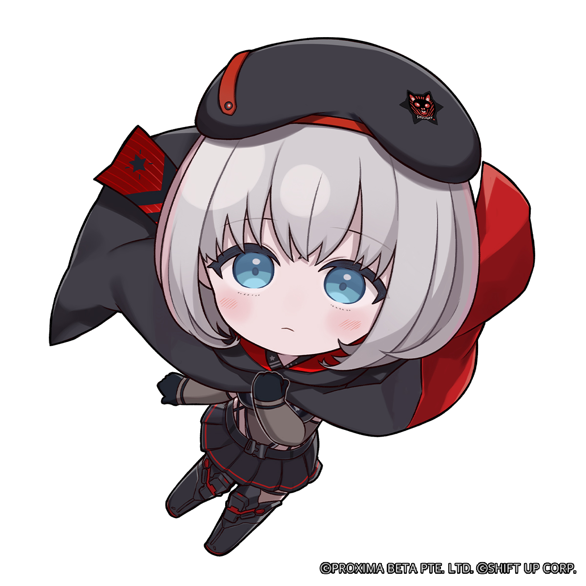 totatokeke, vesti (nikke), vesti (tactical upgrade) (nikke), goddess of victory: nikke, commentary, english commentary, highres, official art, 1girl, belt, beret, black belt, black gloves, black skirt, blue eyes, blush, breasts, chibi, closed mouth, crossed bangs, full body, gloves, grey hair, hand up, hat, highleg, highleg leotard, leotard, light frown, looking at viewer, medium breasts, medium hair, miniskirt, no nose, pleated skirt, skirt, solo