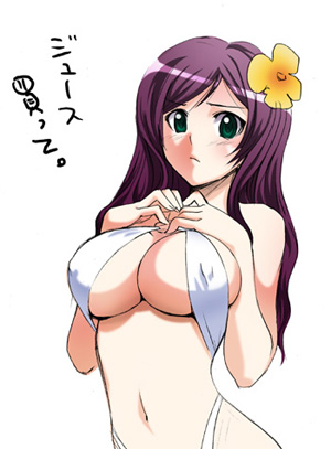 inue shinsuke, lowres, translated, 1girl, bikini, breast suppress, breasts, cleavage, covered erect nipples, criss-cross halter, female focus, flower, frown, green eyes, hair flower, hair ornament, halterneck, large breasts, navel, purple hair, simple background, slingshot swimsuit, solo, swimsuit, upper body, white background