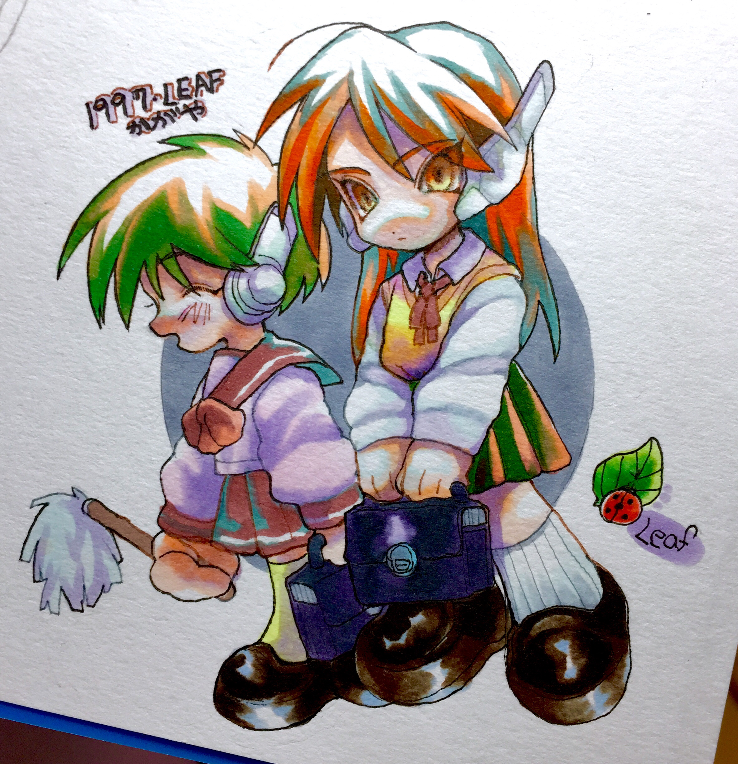 kagaya (oshiriudon), multi (to heart), serio (to heart), to heart, to heart (series), absurdres, bad id, bad pixiv id, highres, painting (medium), traditional media, watercolor (medium), 2girls, bag, blue bag, blush, bow, brown shoes, bug, chibi, chibi only, closed eyes, closed mouth, collared shirt, green hair, green skirt, holding, holding bag, insect, ladybug, leaf, loafers, long hair, long sleeves, miniskirt, multiple girls, neck ribbon, open mouth, orange eyes, orange hair, pink bow, pleated skirt, red ribbon, red sailor collar, red skirt, ribbon, robot ears, sailor collar, school bag, school uniform, serafuku, shirt, shoes, short hair, skirt, socks, sweater vest, thighhighs, white shirt, white socks, yellow sweater vest, yellow thighhighs