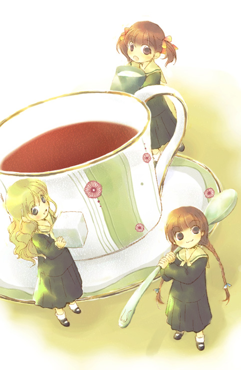 fukuzawa yumi, shimazu yoshino, toudou shimako, maria-sama ga miteru, 00s, 3girls, blonde hair, braid, brown hair, cup, dutch angle, from above, holding, long hair, looking at viewer, mini person, minigirl, multiple girls, oversized object, saucer, school uniform, serafuku, short hair, smile, spoon, standing, sugar cube, tea, teacup, twin braids, twintails, very long hair