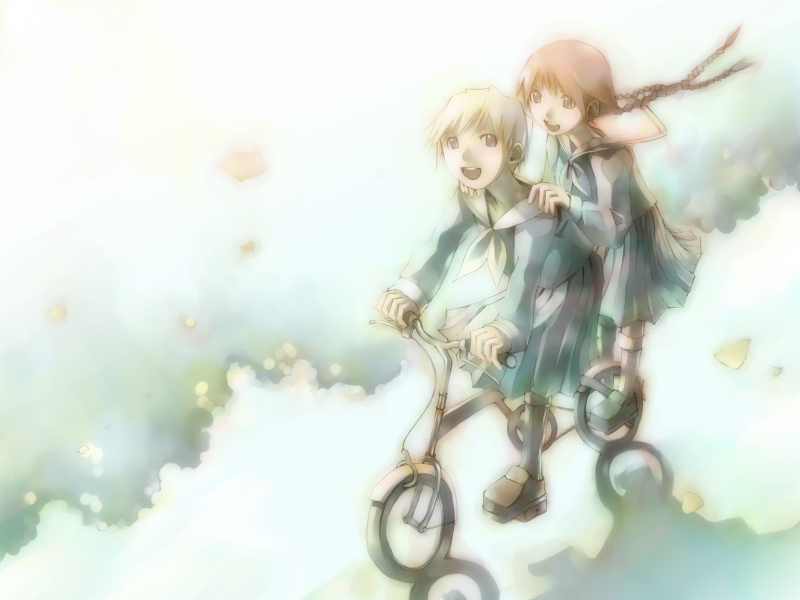 hasekura rei, shimazu yoshino, maria-sama ga miteru, hands on shoulders, light, 00s, 2girls, bicycle, blonde hair, braid, brown hair, floating hair, long hair, looking at another, multiple girls, multiple riders, outdoors, riding, school uniform, serafuku, short hair, smile, twin braids, very long hair, wind