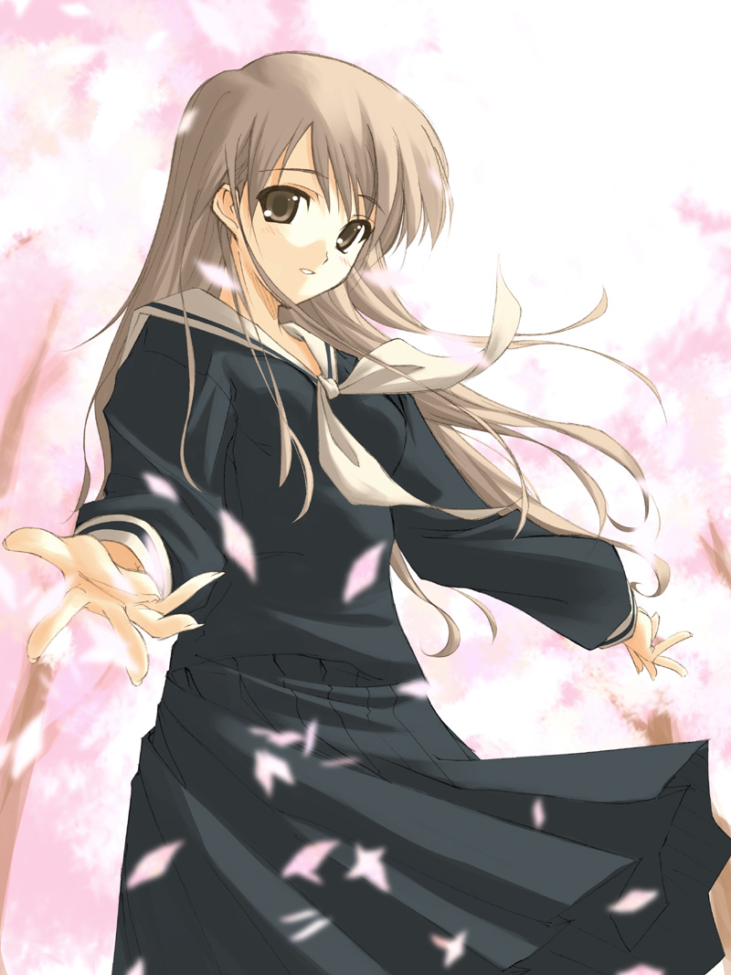 shingo (missing link), toudou shimako, maria-sama ga miteru, 00s, 1girl, brown eyes, brown hair, female focus, long hair, outstretched arms, petals, pleated skirt, school uniform, serafuku, skirt, solo, spread arms, wind