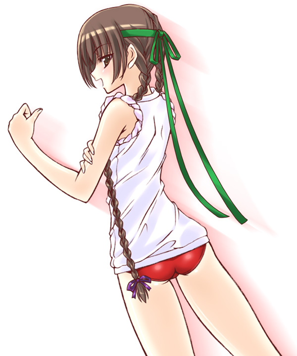 shimazu yoshino, maria-sama ga miteru, 00s, 1girl, braid, buruma, female focus, gym uniform, holding own arm, long hair, solo, very long hair