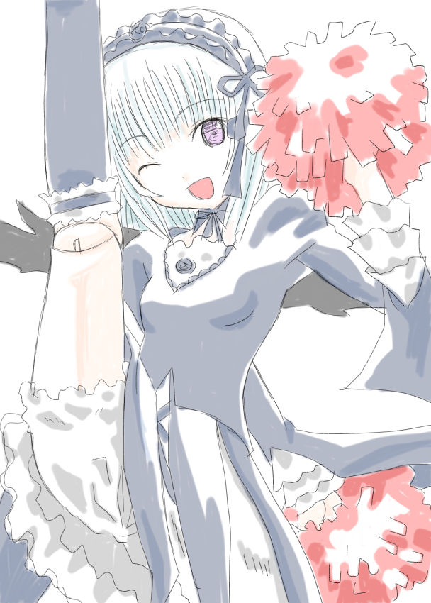 suigintou, rozen maiden, 00s, bonnet, doll joints, joints, one eye closed, pom pom (cheerleading), purple eyes, solo, split, standing, standing on one leg, standing split, wink