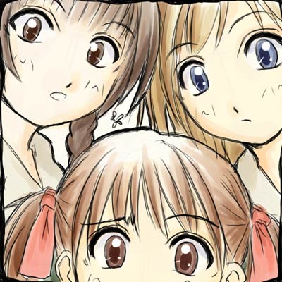 fukuzawa yumi, shimazu yoshino, toudou shimako, maria-sama ga miteru, lowres, 00s, 3girls, blonde hair, blue eyes, blush, braid, brown eyes, brown hair, confused, hair ribbon, looking at viewer, multiple girls, out of frame, ribbon, twin braids, twintails