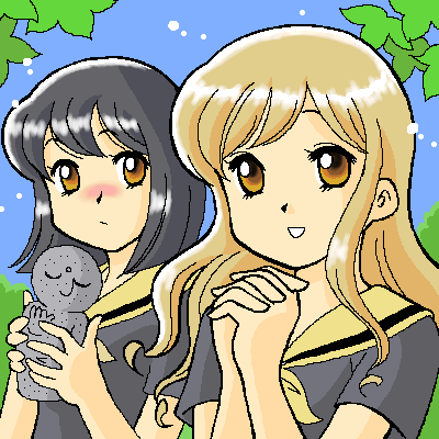 nijou noriko, toudou shimako, maria-sama ga miteru, lowres, 00s, 2girls, black hair, blonde hair, blush, day, holding, idol, long hair, looking at viewer, multiple girls, oekaki, outdoors, own hands clasped, own hands together, school uniform, serafuku, short hair, sky, smile, sparkle, very long hair