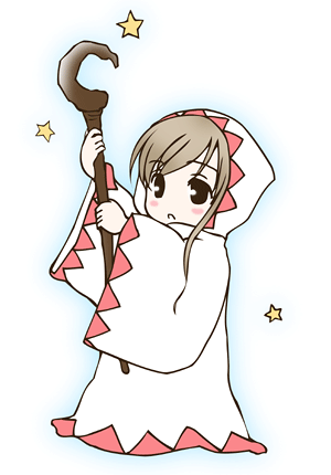 toudou shimako, white mage (final fantasy), final fantasy, maria-sama ga miteru, looking away, lowres, 1girl, arms up, blonde hair, blush, cosplay, female focus, full body, hood, robe, solo, staff, standing, star (symbol), wavy hair, white mage (final fantasy) (cosplay), whitemage, wide sleeves