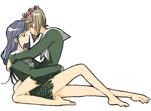 fukuzawa yumi, ogasawara sachiko, maria-sama ga miteru, lowres, 00s, 2girls, arms around waist, barefoot, feet, hug, multiple girls, plantar flexion, pleated skirt, school uniform, serafuku, skirt, soles, straddling, toes, upright straddle, yuri