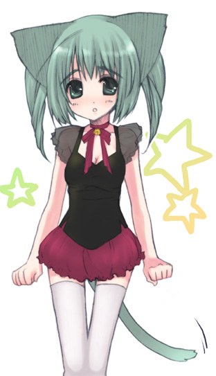 yuu (pythagoras+), original, 1girl, :o, animal ears, bell, blush, breasts, cat ears, cat tail, choker, cleavage, clenched hands, female focus, green eyes, green hair, jingle bell, matching hair/eyes, ribbon, ribbon choker, see-through clothes, simple background, small breasts, solo, standing, star (symbol), tail, tail wagging, thighhighs, white background