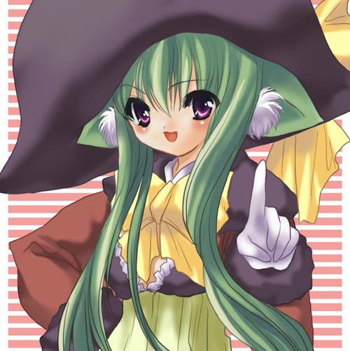 original, 1girl, animal ear fluff, animal ears, black hat, cat ears, female focus, frills, green hair, hand on own hip, hat, pirate, purple eyes, ribbon, solo