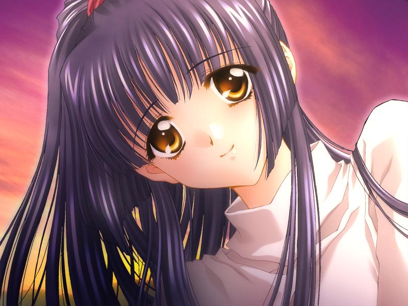 carnelian, kuraki suzuna, suzuna, kao no nai tsuki, game cg, non-web source, 00s, 1girl, female focus, ponytail, portrait, purple hair, sky, smile, solo, sunset