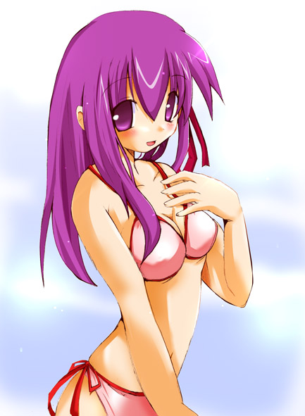 shirogane (platinum), matou sakura, fate/stay night, fate (series), 00s, bikini, long hair, official alternate costume, pink bikini, purple eyes, purple hair, side-tie bikini bottom, solo, string bikini, swimsuit