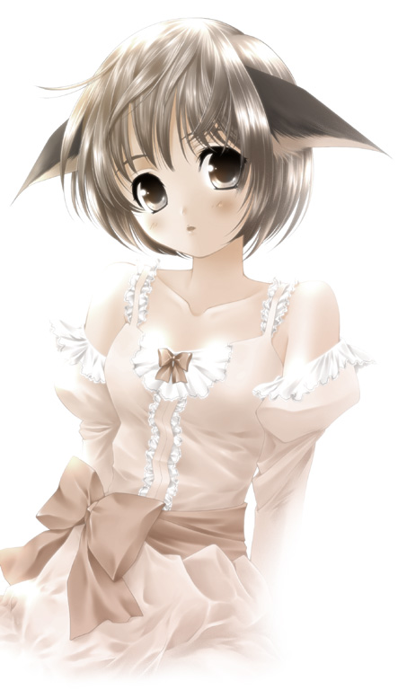original, 1girl, :o, animal ears, blush, bow, brown eyes, brown hair, cat ears, dress, female focus, looking at viewer, ribbon, short hair, simple background, solo, white background