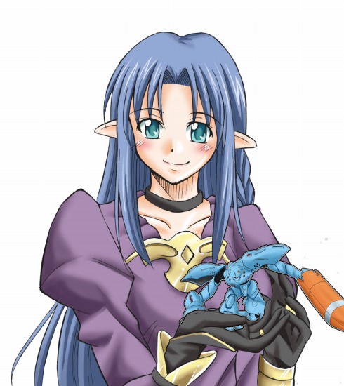 mizutani hozumi, hygogg, medea (caster) (fate), medea (fate), fate/stay night, fate (series), gundam, gundam 0080, 1980s (style), 00s, 1girl, aqua eyes, blue hair, blush, female focus, long hair, mecha, oldschool, pointy ears, retro artstyle, robot, solo, split mouth