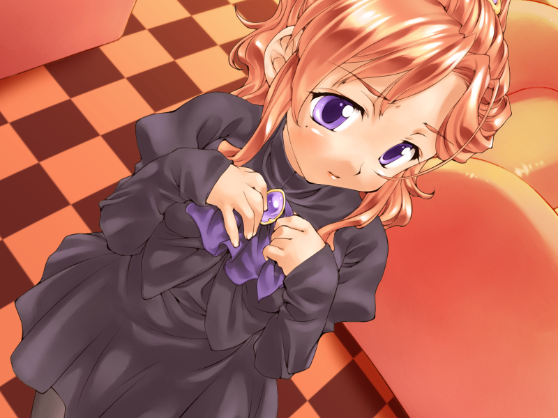 original, 1girl, black dress, black pantyhose, blush, bow, breasts, breasts squeezed together, brooch, chair, checkered floor, closed mouth, dress, dutch angle, female focus, hair ornament, high ponytail, indoors, jewelry, juliet sleeves, light smile, long hair, long sleeves, looking to the side, mole, mole under eye, orange hair, pantyhose, parted bangs, ponytail, puffy long sleeves, puffy sleeves, purple eyes, sidelocks, sleeves past wrists, small breasts, smile, solo, standing, turtleneck, wavy hair