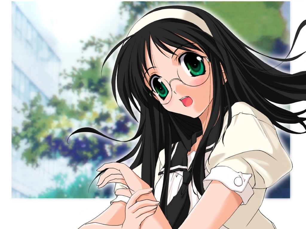 sasaki mutsumi, nanakorobi fumitsuki, happy lesson, 00s, 1girl, :o, ahoge, black hair, blush, day, embarrassed, female focus, glasses, green eyes, hairband, long hair, open mouth, outdoors, school, school uniform, serafuku, sky, solo, surprised, tree