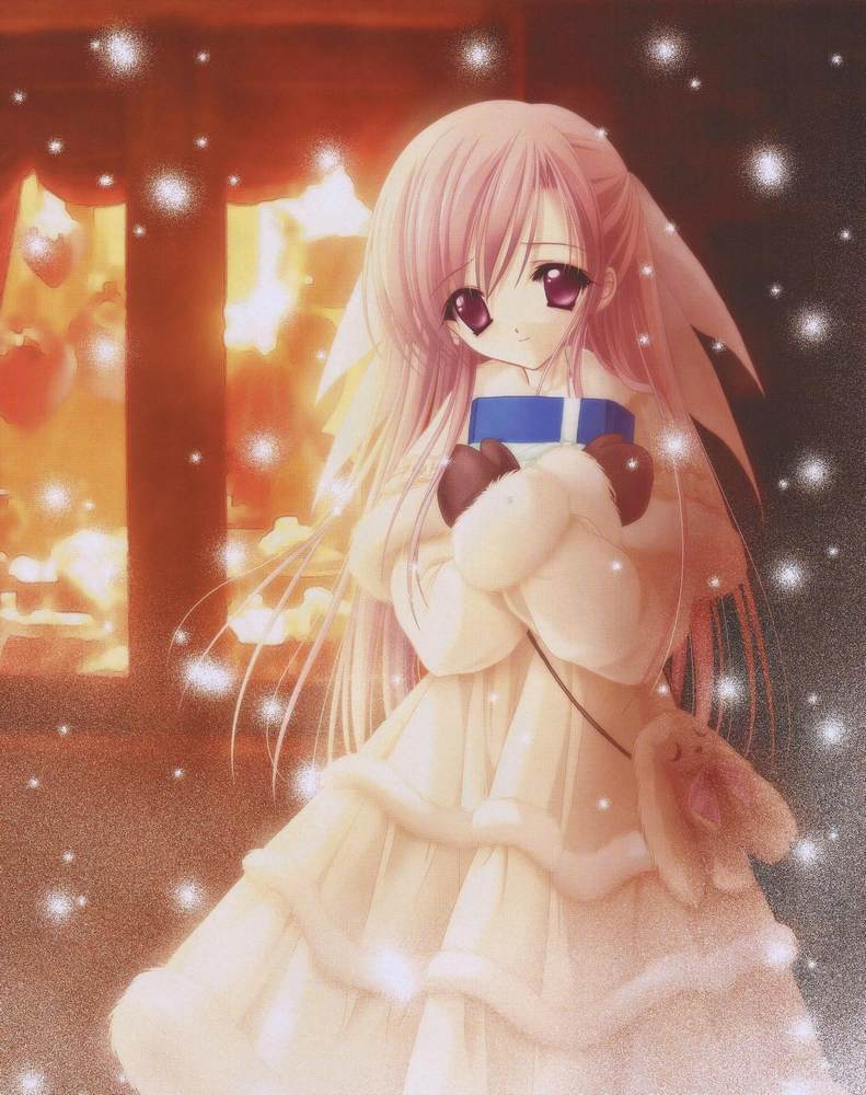 tinker bell (pixiv 10956015), merun, angel ring (artbook), cafe little wish, original, 1girl, dress, female focus, gloves, long hair, pink hair, purple eyes, rabbit, smile, snow, snowing, solo, stuffed animal, stuffed toy