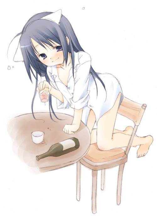 unohana tsukasa, original, 1girl, alcohol, animal ears, barefoot, bottomless, cat ears, chair, choko (cup), cup, drunk, female focus, kneeling, long hair, on chair, sake, solo, table