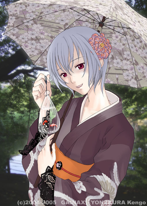 yonekura kengo, ayanami rei, ikari shinji raising project, neon genesis evangelion, 1girl, bag, bagged fish, blue hair, chrysanthemum, female focus, festival, fish, floral print, flower, goldfish, hair flower, hair ornament, japanese clothes, kimono, obi, pale skin, red eyes, sash, short hair, smile, solo, umbrella
