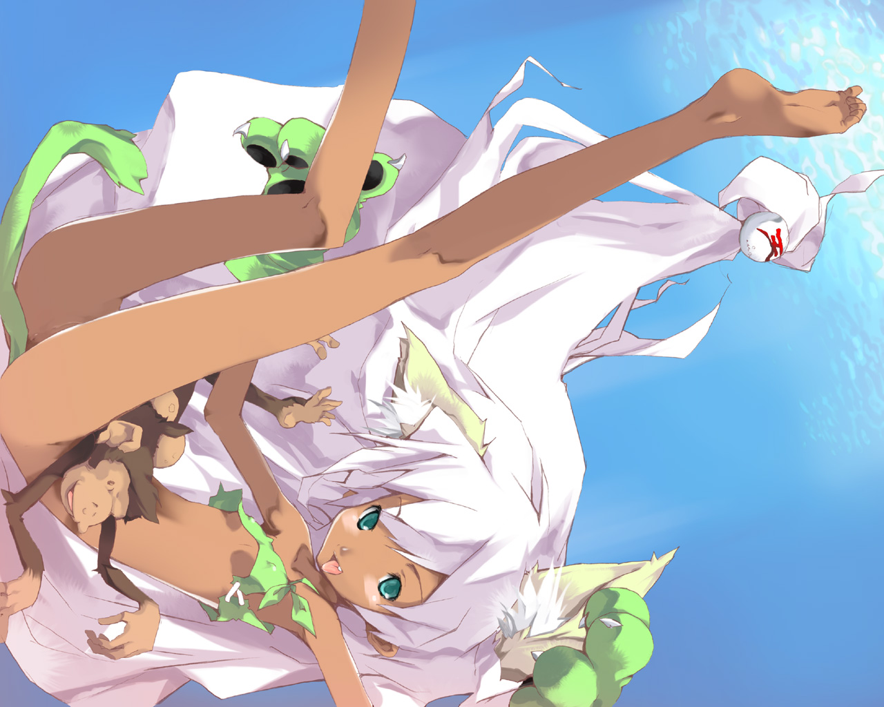 yoshiwo, cham cham, samurai spirits, silver hair, 1girl, animal ears, anus, barefoot, bikini, cat ears, dark-skinned female, dark skin, feet, female focus, fox ears, green bikini, loli, long hair, long legs, monkey, pussy, skinny, soles, solo, swimsuit, very long hair