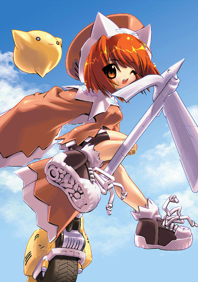 nee (majo no ochakai), majo no ochakai, vehicle, artist request, 1girl, :3, animal ears, bandages, bandaid, bandaid on face, bandaid on knee, bandaid on leg, bike shorts, broom, broom riding, cloud, day, female focus, floating, flying, hat, hover scooter, mascot, motor vehicle, one eye closed, open mouth, orange eyes, orange hair, pet, photo background, shoes, sky, sneakers, socks, solo, wind, wink, witch
