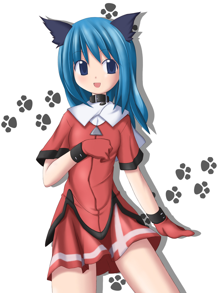1girl, :d, animal ears, blue eyes, blue hair, cat ears, collar, female focus, gloves, matching hair/eyes, open mouth, paw print, simple background, smile, solo, white background