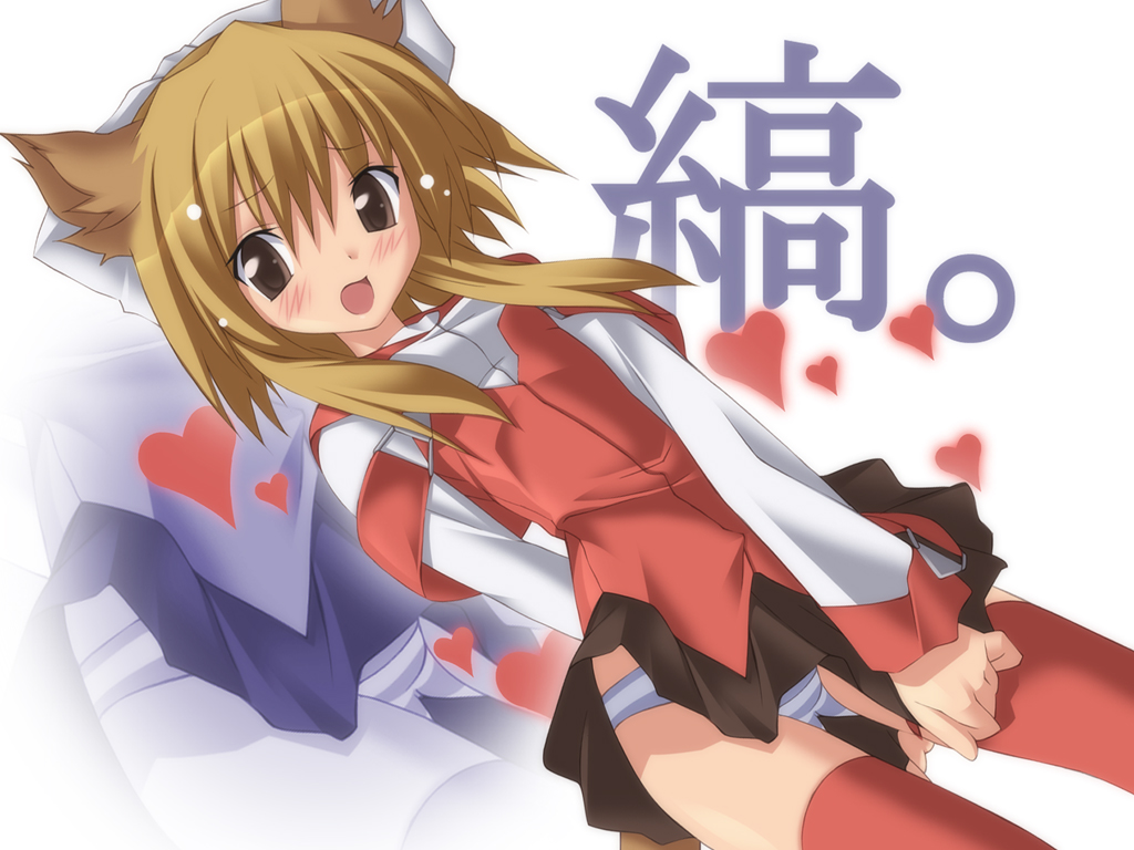 koku, original, 1girl, animal ears, blouse, blue panties, blush, brown eyes, brown hair, cat ears, covering crotch, covering privates, dutch angle, embarrassed, female focus, long hair, long sleeves, miniskirt, panties, pantyshot, red thighhighs, shirt, skirt, skirt tug, solo, standing, striped clothes, striped panties, thighhighs, underwear, upskirt, wind, wind lift, zoom layer