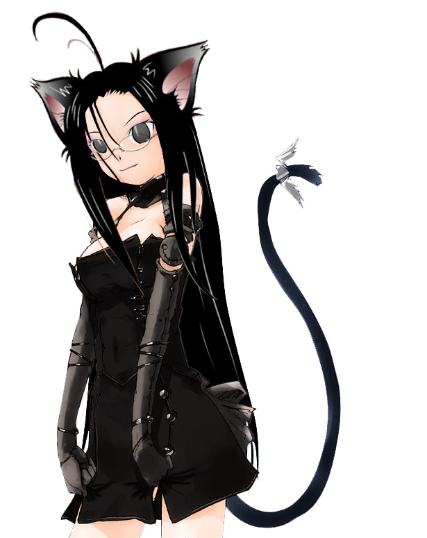 third-party edit, animal ears, antenna hair, black eyes, black hair, cat ears, cat tail, dress, elbow gloves, eyeshadow, glasses, gloves, goth fashion, heart, leather, long hair, makeup, solo, tail, tail ornament, wings