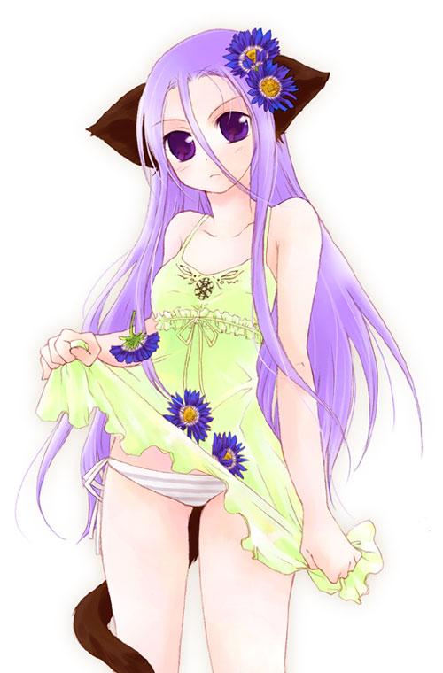 misaki kozue, 1girl, animal ears, cat ears, cat tail, clothes lift, dress, dress lift, female focus, flower, green dress, hair flower, hair ornament, long hair, panties, purple eyes, purple hair, side-tie panties, solo, striped clothes, striped panties, tail, underwear, very long hair