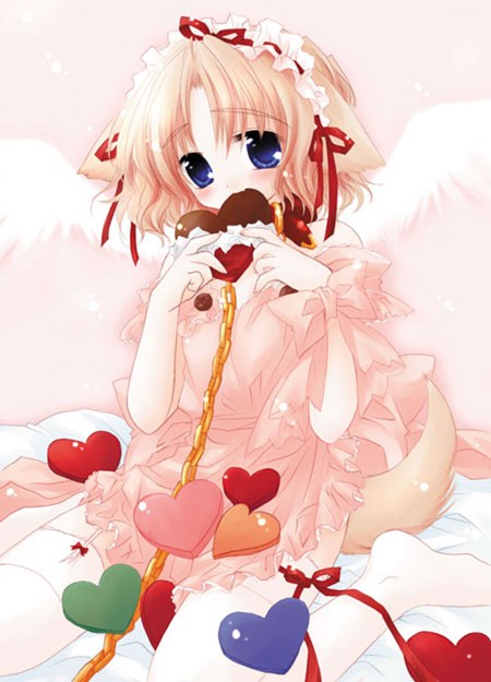 sakurazawa izumi, sachi (pure pure), pure pure, 1girl, animal ears, blue eyes, candy, chain, chain leash, chocolate, chocolate heart, collar, dog ears, dog tail, eating, female focus, food, garter belt, hairband, heart, leash, lolita hairband, solo, tail, thighhighs, white thighhighs, wings