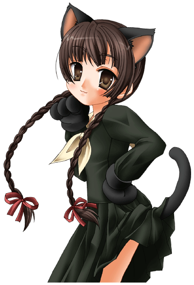 shimazu yoshino, maria-sama ga miteru, 00s, animal ears, braid, cat ears, pleated skirt, school uniform, serafuku, simple background, skirt, solo, transparent background, twin braids