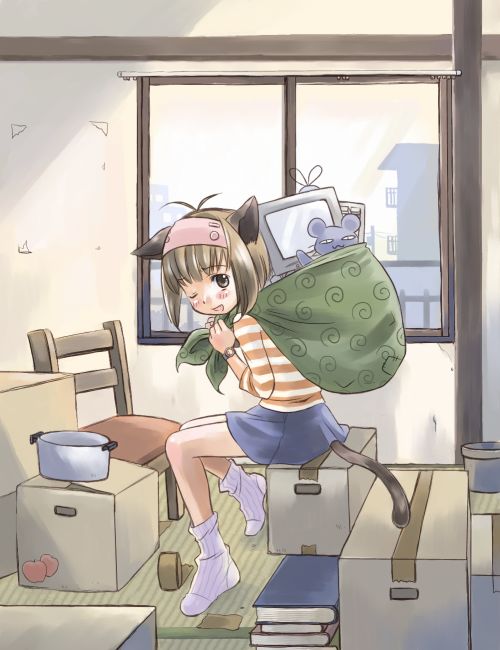 kazuto izumi, striped, 1girl, animal ears, bag, blush, book, box, brown eyes, brown hair, cardboard box, cat ears, cat tail, chair, computer, computer keyboard, computer mouse, female focus, mouse (animal), one eye closed, sack, shirt, short hair, skirt, smile, socks, solo, tail, window, wink