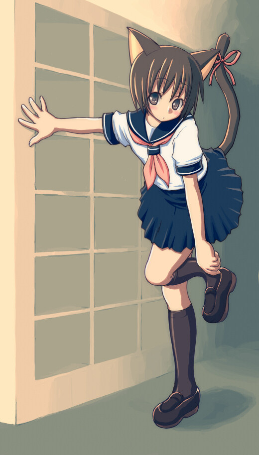 kimarin, animal ears, black shoes, black socks, cat ears, cat girl, cat tail, closed mouth, dot mouth, hair between eyes, kneehighs, pleated skirt, school uniform, serafuku, shoes, skirt, socks, solo, tail