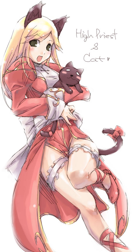 kyo (kuroichigo), high priest (ragnarok online), ragnarok online, 1girl, animal ear fluff, animal ears, blonde hair, cat, cat ears, cat tail, dress, female focus, frilled thigh strap, green eyes, lingerie, open mouth, priest, priestess, red shoes, ribbon, shoes, simple background, solo, tail, thigh strap, two-tone dress, underwear