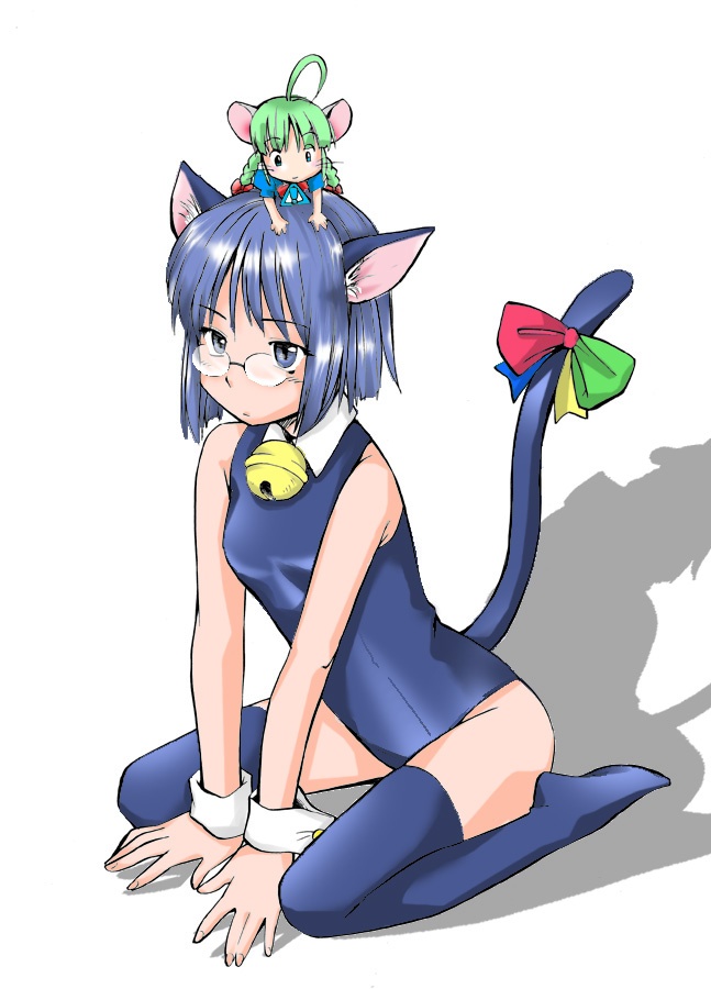 2k-tan, me-tan, os-tan, animal ears, bell, blue thighhighs, cat ears, glasses, jingle bell, mini person, minigirl, mouse ears, thighhighs, wrist cuffs