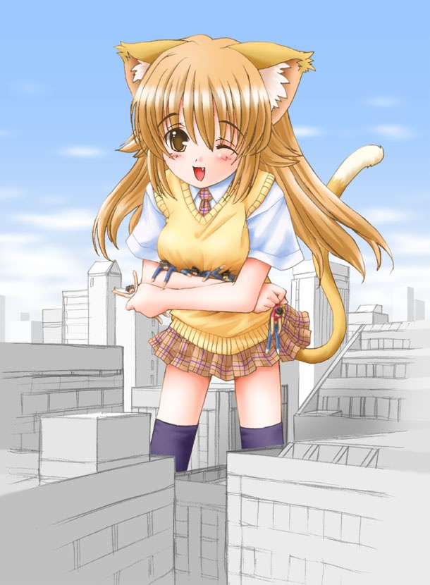 eichikei (hakuto), 1girl, ;d, animal ears, cat ears, cat tail, fang, female focus, femdom, giant, giantess, mini person, miniboy, necktie, one eye closed, open mouth, plaid clothes, plaid skirt, pleated skirt, school uniform, serafuku, skirt, smile, solo, sweater vest, tail, thighhighs