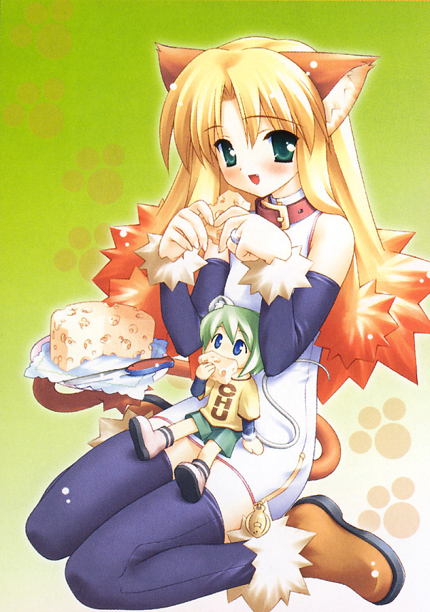 tagme, 1boy, 1girl, animal ears, cat ears, cat girl, cat tail, cheese, food, mini person, miniboy, minigirl, mouse boy, mouse ears, mouse tail, sitting, sitting on lap, sitting on person, tail, thighhighs