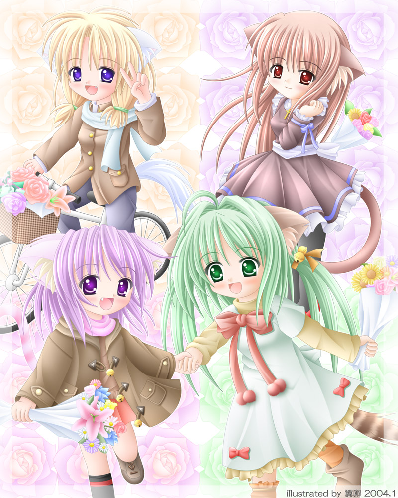 yokuran, original, 4girls, animal ears, bell, bicycle, black dress, black socks, blazer, blonde hair, blue eyes, blush, brown eyes, brown hair, cat ears, cat girl, cat tail, chibi, chibi only, child, coat, dress, fang, flower, green dress, green eyes, green hair, hair bell, hair ornament, holding hands, jacket, long hair, long sleeves, miniskirt, multiple girls, pants, pantyhose, petticoat, pink flower, pink rose, pleated skirt, purple eyes, purple hair, rose, scarf, shoes, skirt, socks, sweater, tail