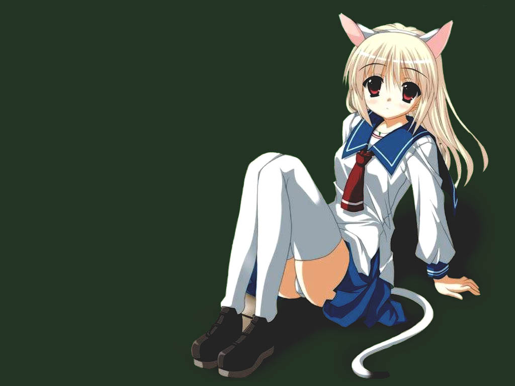 1girl, animal ears, blonde hair, cat ears, female focus, long hair, necktie, pleated skirt, red eyes, school uniform, serafuku, skirt, solo, square-end necktie, thighhighs