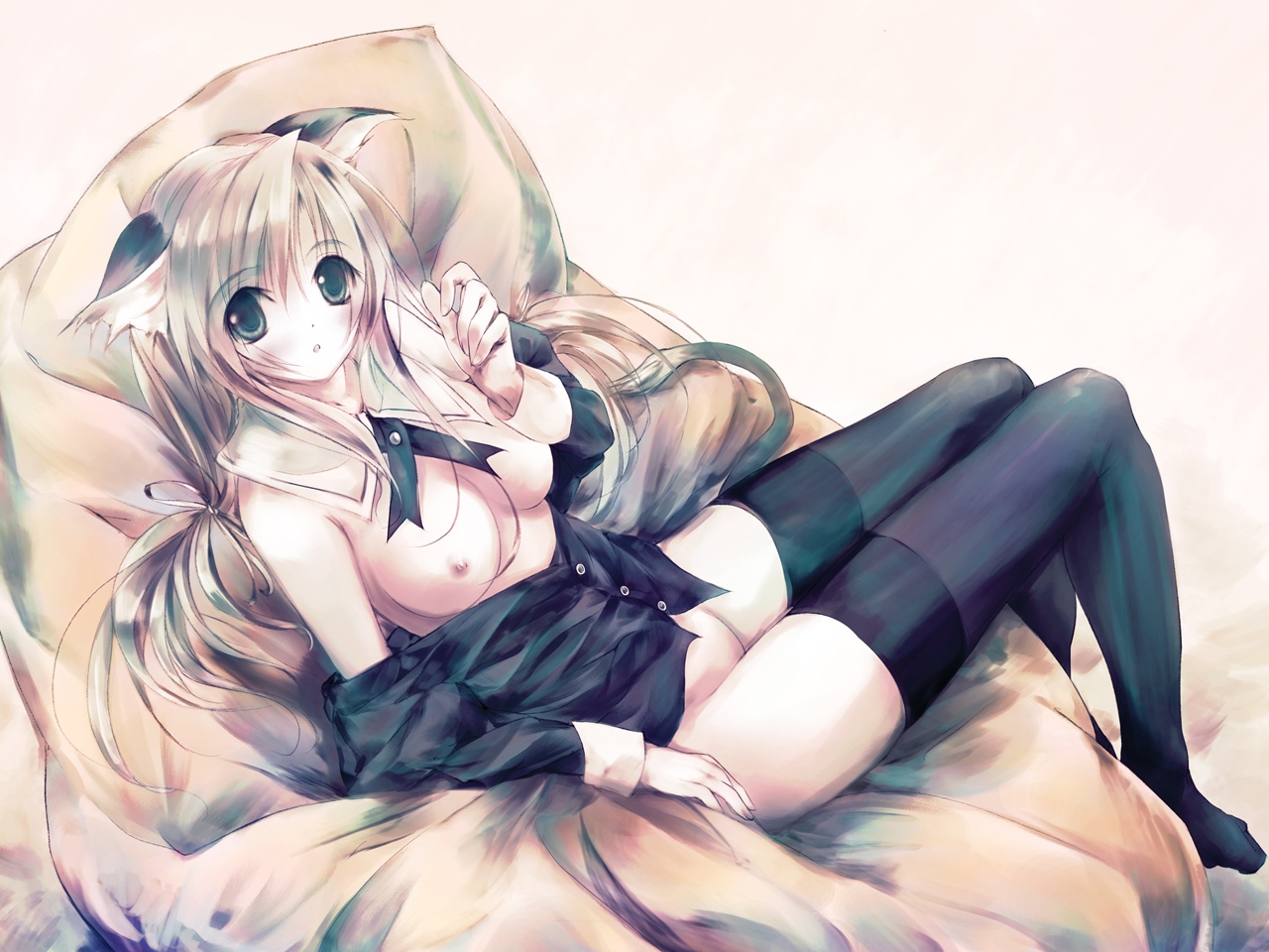 1girl, animal ears, black thighhighs, blonde hair, breasts, cat ears, female focus, green eyes, medium breasts, nipples, no panties, open clothes, open shirt, shirt, solo, thighhighs