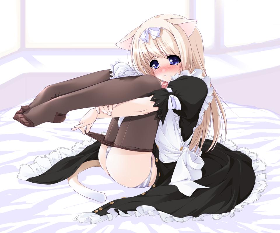 ooji, 1girl, animal ears, ass, blue panties, cat ears, clothes pull, feet, female focus, hugging own legs, legs together, legs up, loli, lowleg, lowleg panties, maid, maid headdress, panties, pantyhose, pantyhose pull, solo, striped clothes, striped panties, toes, underwear