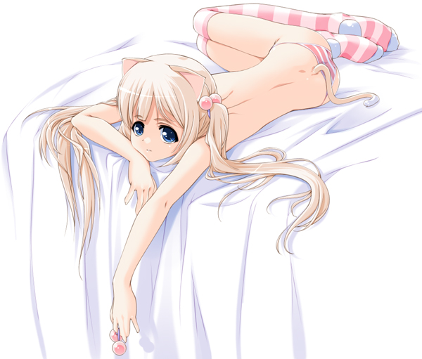 ooji, 1girl, animal ears, bed, cat ears, cat tail, female focus, full body, loli, lying, no bra, on side, panties, pink panties, solo, striped clothes, striped panties, striped thighhighs, tail, thighhighs, topless female, twintails, underwear, underwear only