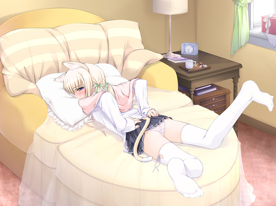 ooji, 1girl, animal ears, ass, bed, blonde hair, blush, cat, cat ears, cat tail, feet, female focus, flat chest, grabbing own ass, loli, long sleeves, looking back, lying, on bed, on stomach, panties, pink panties, presenting, purple eyes, ribbon, skirt, sleeves past wrists, solo, spread legs, striped clothes, striped panties, tail, thighhighs, toes, underwear, white thighhighs, zettai ryouiki